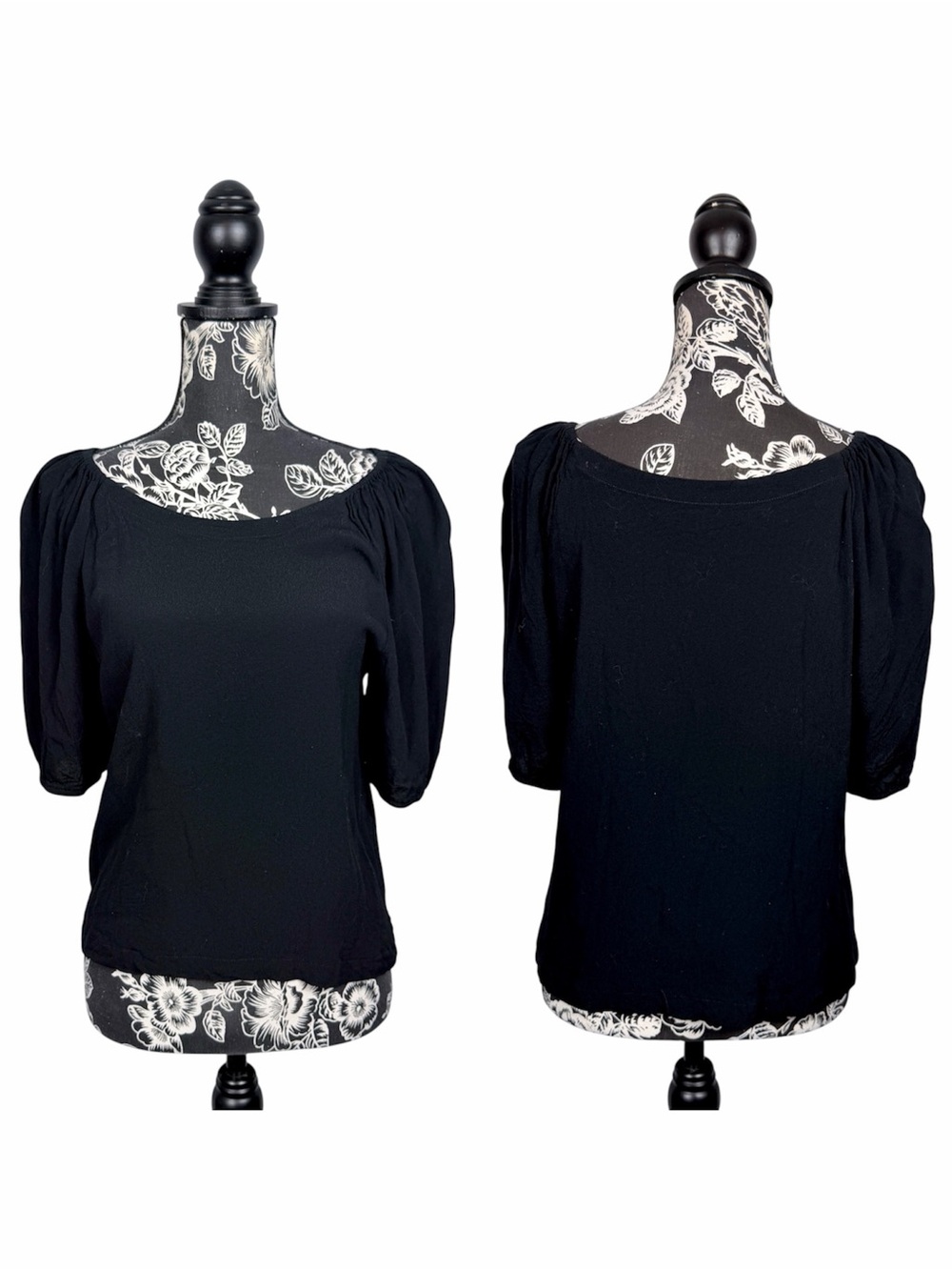 Loft black cropped puff short sleeve textured blouse top size medium